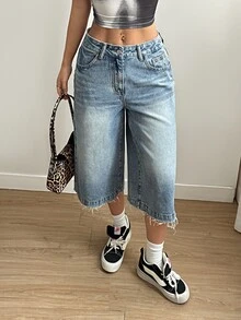 SHEIN EZwear 女士时尚磨边宽松休闲牛仔短裤 - 淺色水洗藍 - 查看 5