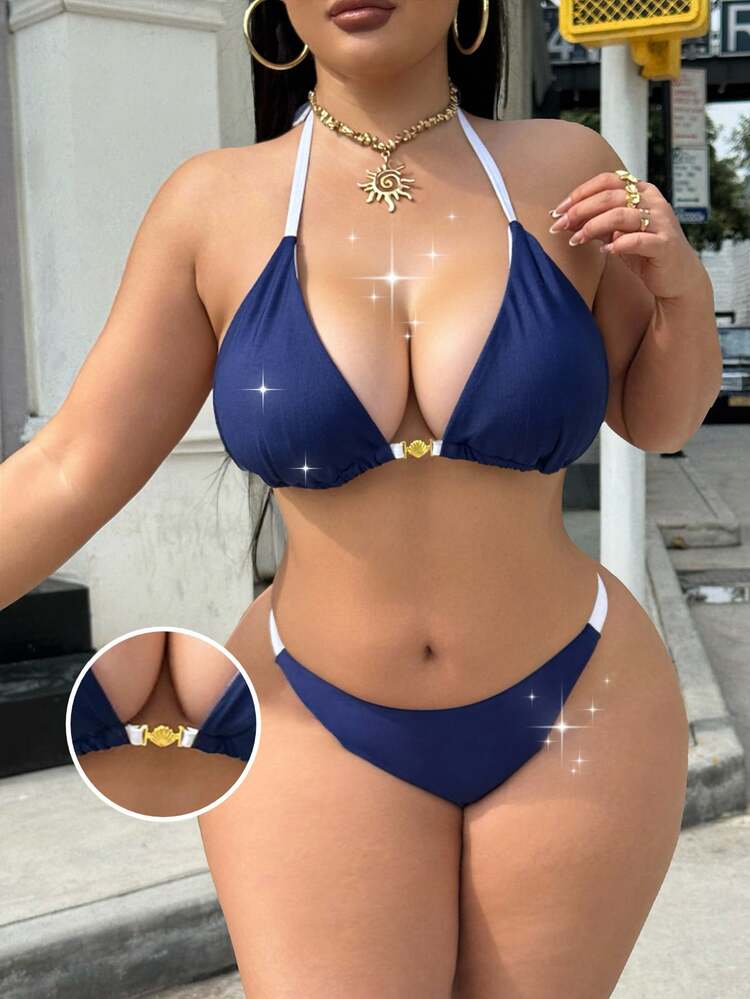 Swim SXY Plus Size Women 2pcs Solid Color Halter Tie Sexy Beach Resort Bikini Swimwear Navy Blue Summer - Blue - View 6