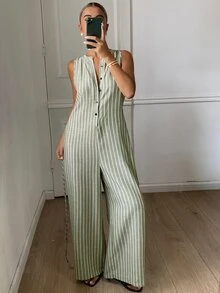 DAZY Summer Vacation Striped Loose Fit Women's Loungewear Jumpsuit - Green - View 4