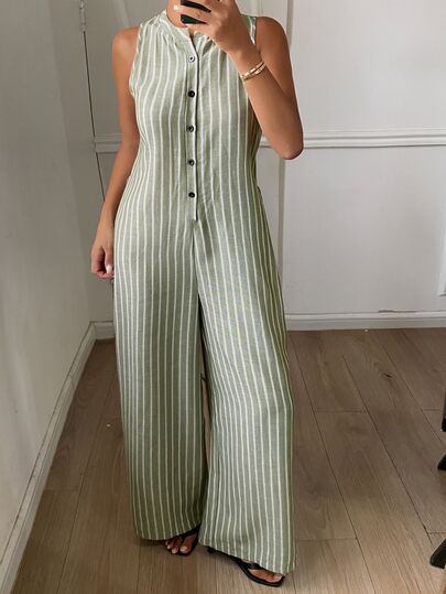 DAZY Jumpsuit Santai Wanita Motif Garis-Garis Longgar untuk Liburan Musim Panas