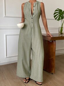 DAZY Summer Vacation Striped Loose Fit Women's Loungewear Jumpsuit - Green - View 6