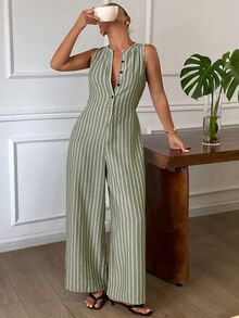DAZY Summer Vacation Striped Loose Fit Women's Loungewear Jumpsuit - Green - View 3