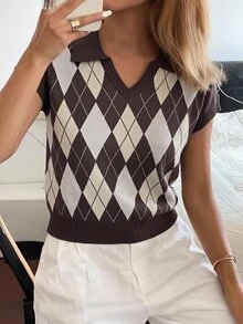 Livesso 純色修身梭織標籤 Polo 領春/夏通勤休閒女款針織上衣 - 棕色 - 查看 5