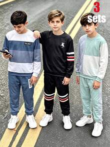 SHEIN 6件組買3送3兒童青少年男孩休閒學院風圓領連帽衛衣與運動長褲套裝，綠色衛衣套裝、白色衛衣套裝、黑色衛衣套裝，適合秋冬、返校、運動、秋季穿搭、冬季穿搭 - 彩色 - 查看 2