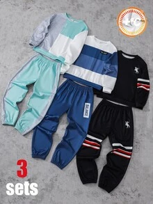 SHEIN 6件組買3送3兒童青少年男孩休閒學院風圓領連帽衛衣與運動長褲套裝，綠色衛衣套裝、白色衛衣套裝、黑色衛衣套裝，適合秋冬、返校、運動、秋季穿搭、冬季穿搭 - 彩色 - 查看 3