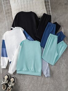 SHEIN 6件組買3送3兒童青少年男孩休閒學院風圓領連帽衛衣與運動長褲套裝，綠色衛衣套裝、白色衛衣套裝、黑色衛衣套裝，適合秋冬、返校、運動、秋季穿搭、冬季穿搭 - 彩色 - 查看 4