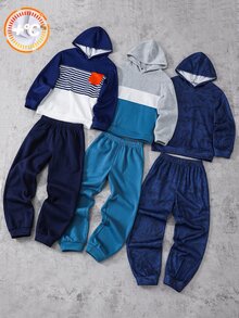 SHEIN 6件組買3送3兒童青少年男孩休閒百搭條紋拼接連帽衛衣與慢跑褲套裝，保暖內裡加厚衛衣套裝，適合秋季、秋天、學校、家庭聚會、開學、運動、秋季穿搭、冬季穿搭 - 彩色 - 查看 3