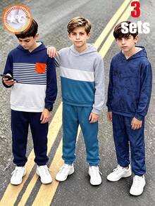 SHEIN 6件組買3送3兒童青少年男孩休閒百搭條紋拼接連帽衛衣與慢跑褲套裝，保暖內裡加厚衛衣套裝，適合秋季、秋天、學校、家庭聚會、開學、運動、秋季穿搭、冬季穿搭 - 彩色 - 查看 2