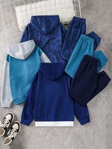 SHEIN 6件組買3送3兒童青少年男孩休閒百搭條紋拼接連帽衛衣與慢跑褲套裝，保暖內裡加厚衛衣套裝，適合秋季、秋天、學校、家庭聚會、開學、運動、秋季穿搭、冬季穿搭 - 彩色 - 查看 4