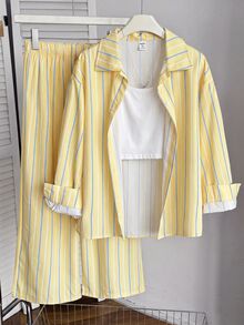 SHEIN 少女三件套：条纹长袖衬衫、印花长裤和吊带背心，适合春秋季穿着 - 黃色 - 查看 4