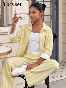 SHEIN 少女三件套：条纹长袖衬衫、印花长裤和吊带背心，适合春秋季穿着 - 黃色 - 查看 1