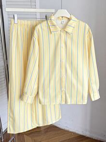 SHEIN 少女三件套：条纹长袖衬衫、印花长裤和吊带背心，适合春秋季穿着 - 黃色 - 查看 6