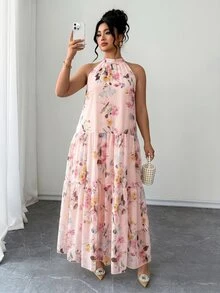 Elenzga 女款大尺碼淺粉色花卉夏季波西米亞風優雅長洋裝 掛脖分層飄逸沙灘風 新娘母親婚禮賓客穿搭 - 彩色 - 查看 4