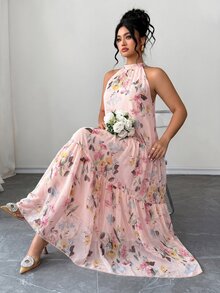 Elenzga 女款大尺碼淺粉色花卉夏季波西米亞風優雅長洋裝 掛脖分層飄逸沙灘風 新娘母親婚禮賓客穿搭 - 彩色 - 查看 8