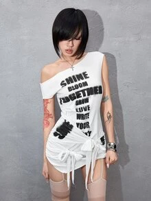 ROMWE Y2K Gaun Mini Wanita Asimetris Seksi Semi-Transparan dengan Tali Pengikat, Desain Avant-Garde yang Mencolok Secara Visual, Musim Semi & Musim Panas - Putih - View 2