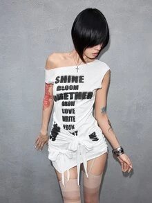 ROMWE Y2K Gaun Mini Wanita Asimetris Seksi Semi-Transparan dengan Tali Pengikat, Desain Avant-Garde yang Mencolok Secara Visual, Musim Semi & Musim Panas - Putih - View 8