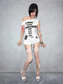 ROMWE Y2K Gaun Mini Wanita Asimetris Seksi Semi-Transparan dengan Tali Pengikat, Desain Avant-Garde yang Mencolok Secara Visual, Musim Semi & Musim Panas - Putih - View 7