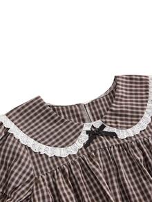 Sweetness Women's Short Sleeve Peter Pan Collar Bow Plaid Mini Dress - Brown - View 3