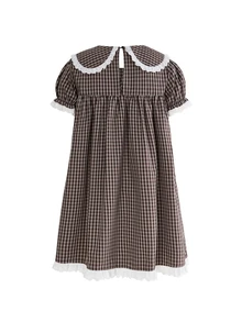 Sweetness Women's Short Sleeve Peter Pan Collar Bow Plaid Mini Dress - Brown - View 2