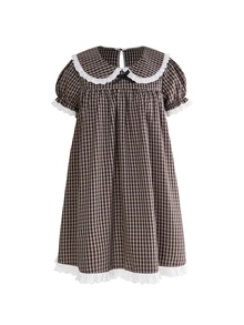 Sweetness Women's Short Sleeve Peter Pan Collar Bow Plaid Mini Dress - Brown - View 5