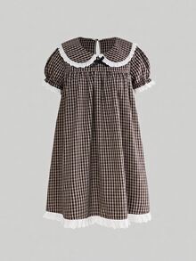 Sweetness Women's Short Sleeve Peter Pan Collar Bow Plaid Mini Dress - Brown - View 1