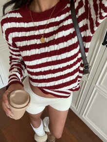 FavEase 女款秋冬休閒學院風百搭酒紅色圓領抽繩針織毛衣，適合小學教師 - 彩色 - 查看 3