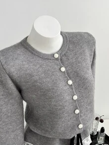 Elamini Cardigan Wanita dengan Hiasan Renda dan Tali Serut, Cocok untuk Pesta Hari Guru, Warna Abu-abu Muda, Musim Gugur, dan Gaya Prancis Elegan. - Grey - View 5