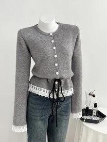 Elamini Cardigan Wanita dengan Hiasan Renda dan Tali Serut, Cocok untuk Pesta Hari Guru, Warna Abu-abu Muda, Musim Gugur, dan Gaya Prancis Elegan. - Grey - View 4