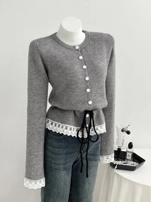 Elamini Cardigan Wanita dengan Hiasan Renda dan Tali Serut, Cocok untuk Pesta Hari Guru, Warna Abu-abu Muda, Musim Gugur, dan Gaya Prancis Elegan. - Grey - View 1