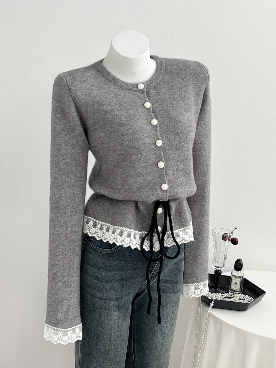Elamini Cardigan Wanita dengan Hiasan Renda dan Tali Serut, Cocok untuk Pesta Hari Guru, Warna Abu-abu Muda, Musim Gugur, dan Gaya Prancis Elegan. - Grey - View 1