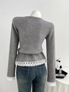 Elamini Cardigan Wanita dengan Hiasan Renda dan Tali Serut, Cocok untuk Pesta Hari Guru, Warna Abu-abu Muda, Musim Gugur, dan Gaya Prancis Elegan. - Grey - View 2