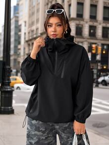 SHEIN EZwear 大尺碼休閒街頭風寬鬆西式純色連帽外套 春/秋款 黑色 適合夜店派對、辦公室、教師、外出穿著 - 黑色 - 查看 4