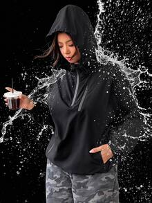 SHEIN EZwear 大尺碼休閒街頭風寬鬆西式純色連帽外套 春/秋款 黑色 適合夜店派對、辦公室、教師、外出穿著 - 黑色 - 查看 8