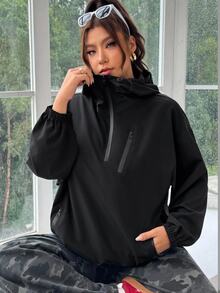 SHEIN EZwear 大尺碼休閒街頭風寬鬆西式純色連帽外套 春/秋款 黑色 適合夜店派對、辦公室、教師、外出穿著 - 黑色 - 查看 5