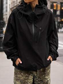 SHEIN EZwear 大尺碼休閒街頭風寬鬆西式純色連帽外套 春/秋款 黑色 適合夜店派對、辦公室、教師、外出穿著 - 黑色 - 查看 2