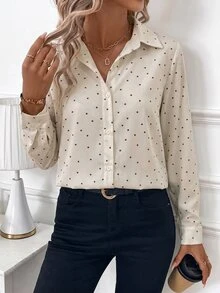 SHEIN Clasi 女款波點圖案長袖單排扣休閒法式優雅襯衫 米色 秋季 教師節 辦公室 - 卡其色 - 查看 6