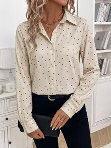 SHEIN Clasi 女款波點圖案長袖單排扣休閒法式優雅襯衫 米色 秋季 教師節 辦公室 - 卡其色 - 查看 5