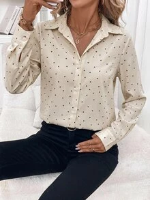 SHEIN Clasi 女款波點圖案長袖單排扣休閒法式優雅襯衫 米色 秋季 教師節 辦公室 - 卡其色 - 查看 7