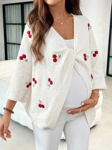 SHEIN Maternity Autumn/Winter Casual Cherry Embroidered Batwing Sleeve Sweater - White - View 2