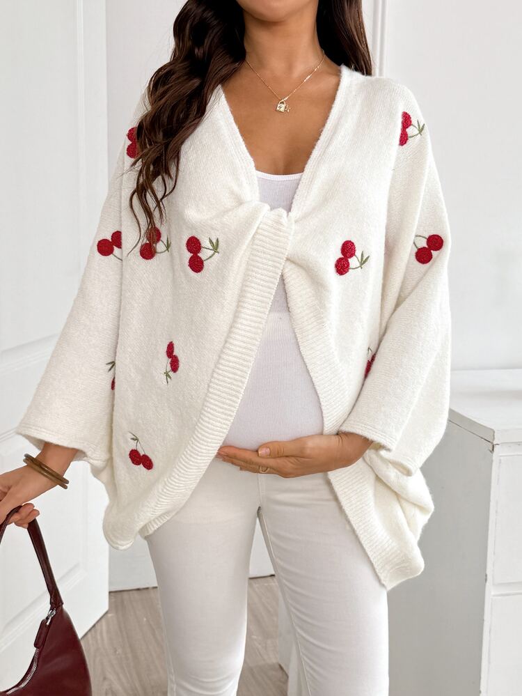 SHEIN Maternity Autumn/Winter Casual Cherry Embroidered Batwing Sleeve Sweater - White - View 6
