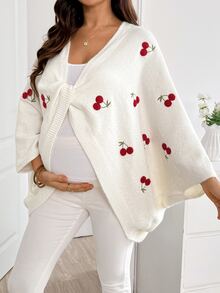 SHEIN Maternity Autumn/Winter Casual Cherry Embroidered Batwing Sleeve Sweater - White - View 5