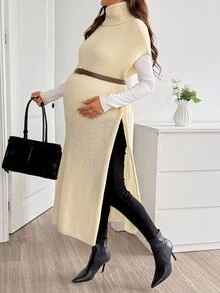 SHEIN Maternity Autumn/Winter Casual Solid Color High Neck Side Slit Knit Dress Fall - Apricot - View 5