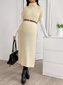 SHEIN Maternity Autumn/Winter Casual Solid Color High Neck Side Slit Knit Dress Fall - Apricot - View 9