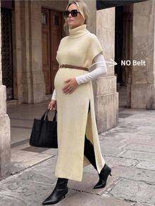 SHEIN Maternity Autumn/Winter Casual Solid Color High Neck Side Slit Knit Dress Fall - Apricot - View 2