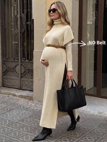 SHEIN Maternity Autumn/Winter Casual Solid Color High Neck Side Slit Knit Dress Fall - Apricot - View 3