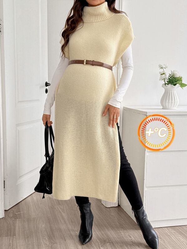 SHEIN Maternity Autumn/Winter Casual Solid Color High Neck Side Slit Knit Dress