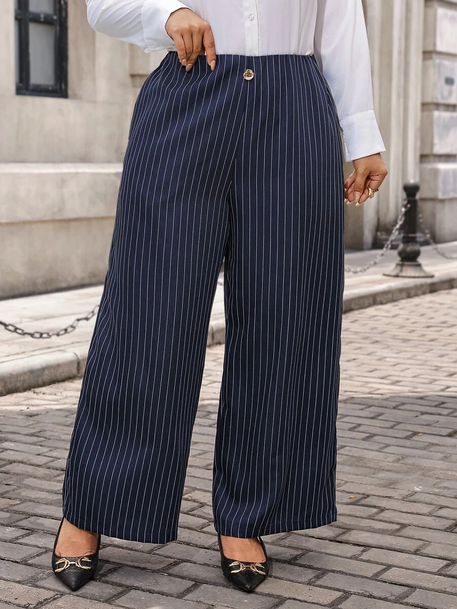 Chikora Plus Size Elegant Business Casual Button Striped Pocket Loose ...