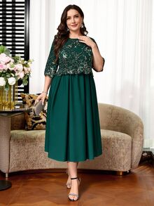 Reflora Plus Size Vintage Exquisite Sequin Round Neck Dress For Vacation And Evening Party - Dark Green - View 7