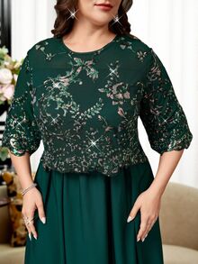 Reflora Plus Size Vintage Exquisite Sequin Round Neck Dress For Vacation And Evening Party - Dark Green - View 8