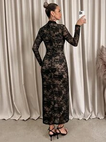 Lavishia Black & Coffee Abstract Print Long Sleeve Fitted Dress For Women Turtle Neck Long Sleeve - Multicolor - View 7
